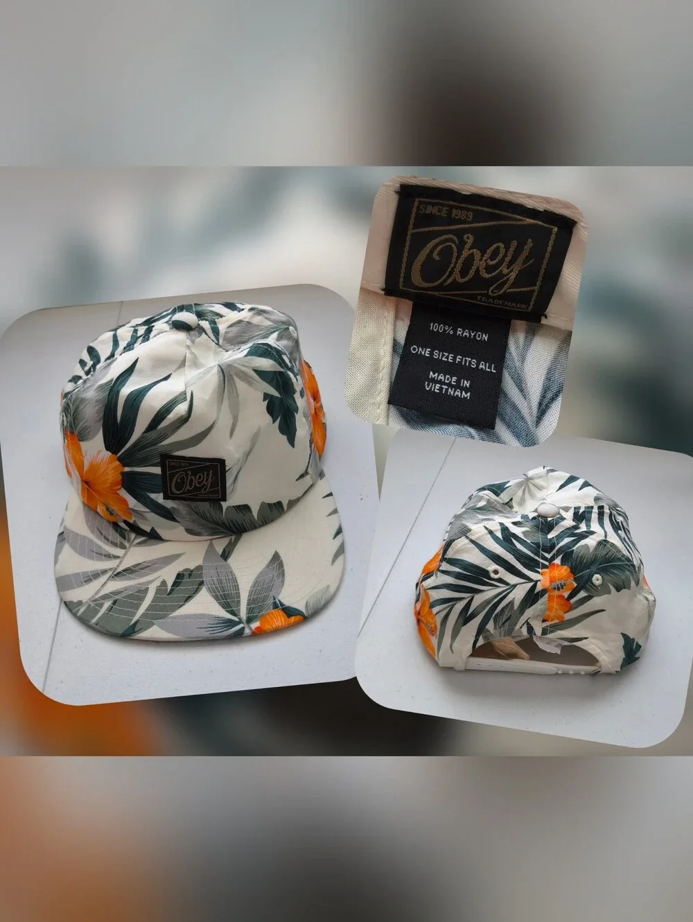 Obey Cream Snapback Hat with Green Leaves & Orange Flowers
